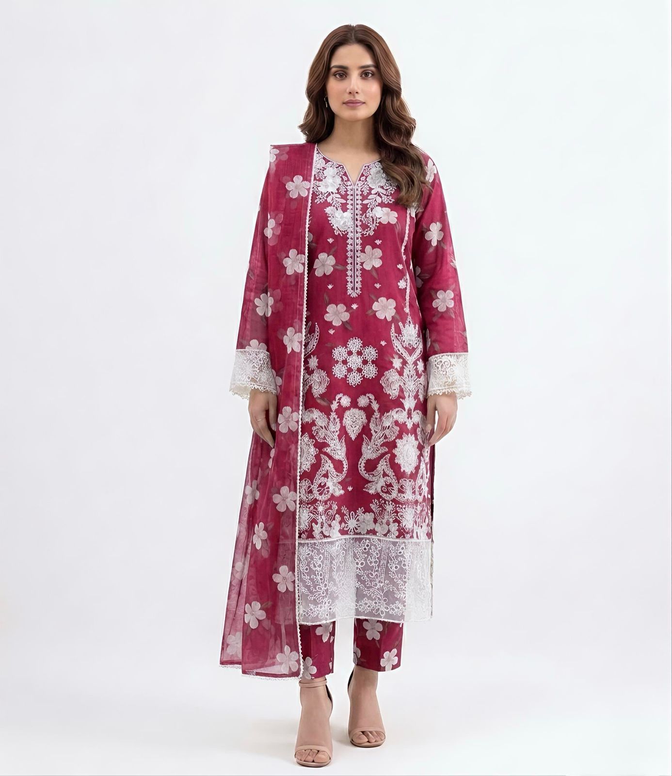 3 PC Stitched Embroidered Lawn Suit Peach Sorbet
