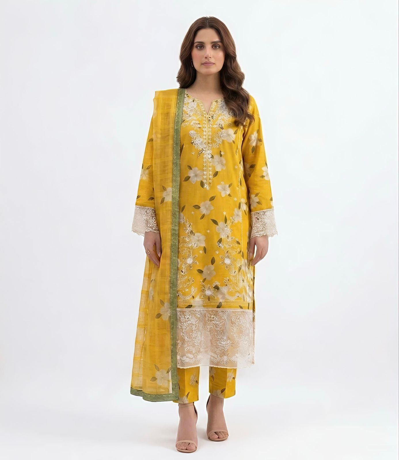 3 PC Stitched Embroidered Lawn Suit yellow