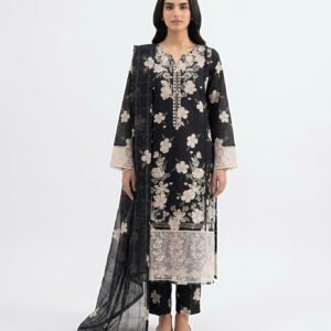 3 PC Stitched Midnight Flora Embroidered Lawn Suit black