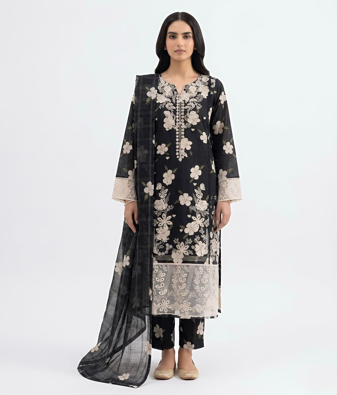 3 PC Stitched Midnight Flora Embroidered Lawn Suit black
