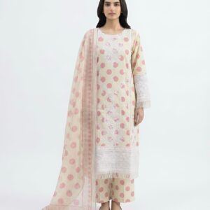3 PC Stitched Cream & Pink Polka Dot Embroidered Lawn Suit
