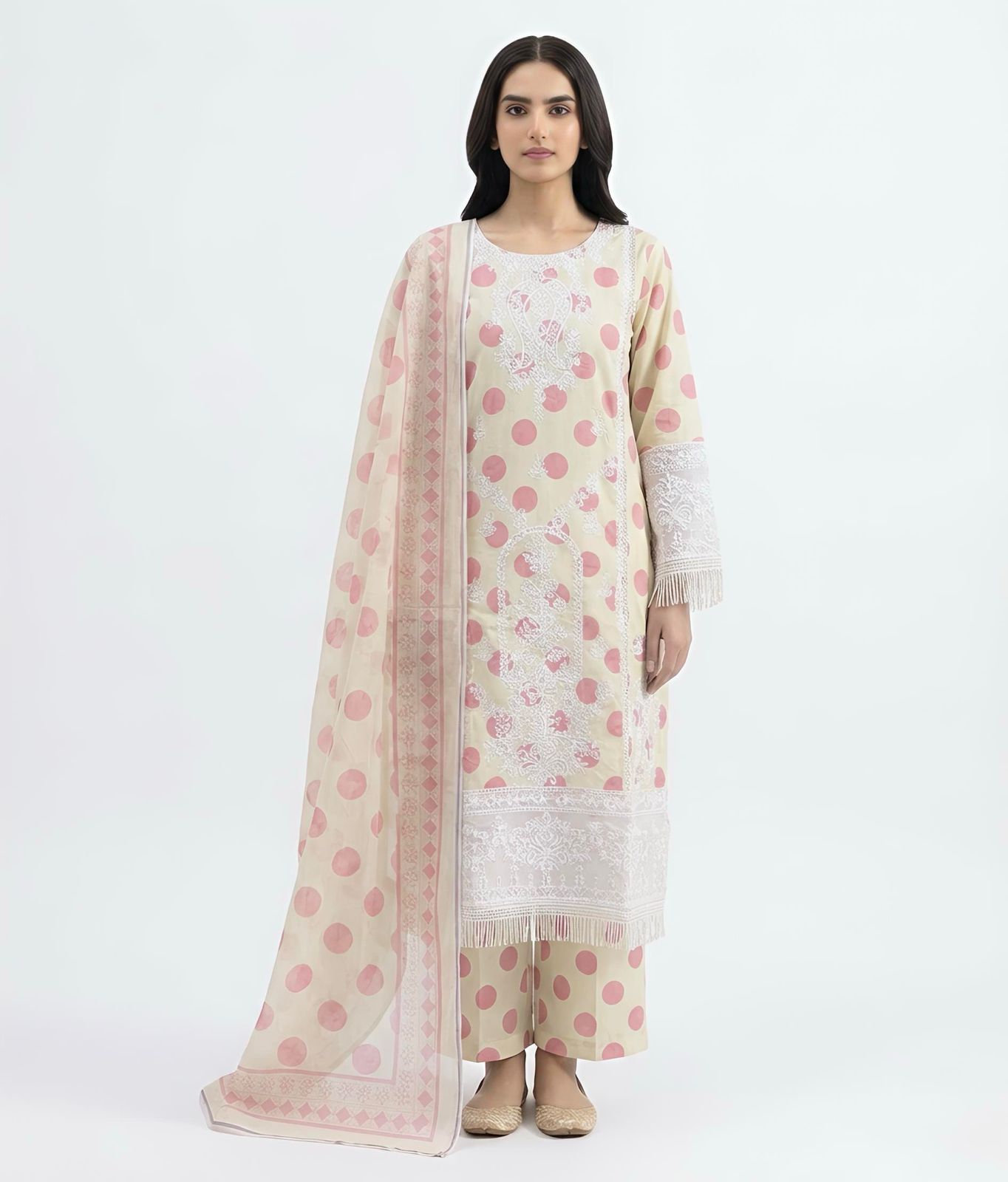 3 PC Stitched Cream & Pink Polka Dot Embroidered Lawn Suit