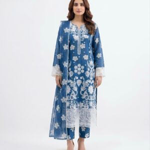 3 PC Stitched Ocean Blossom Embroidered Lawn Suit blue & gray