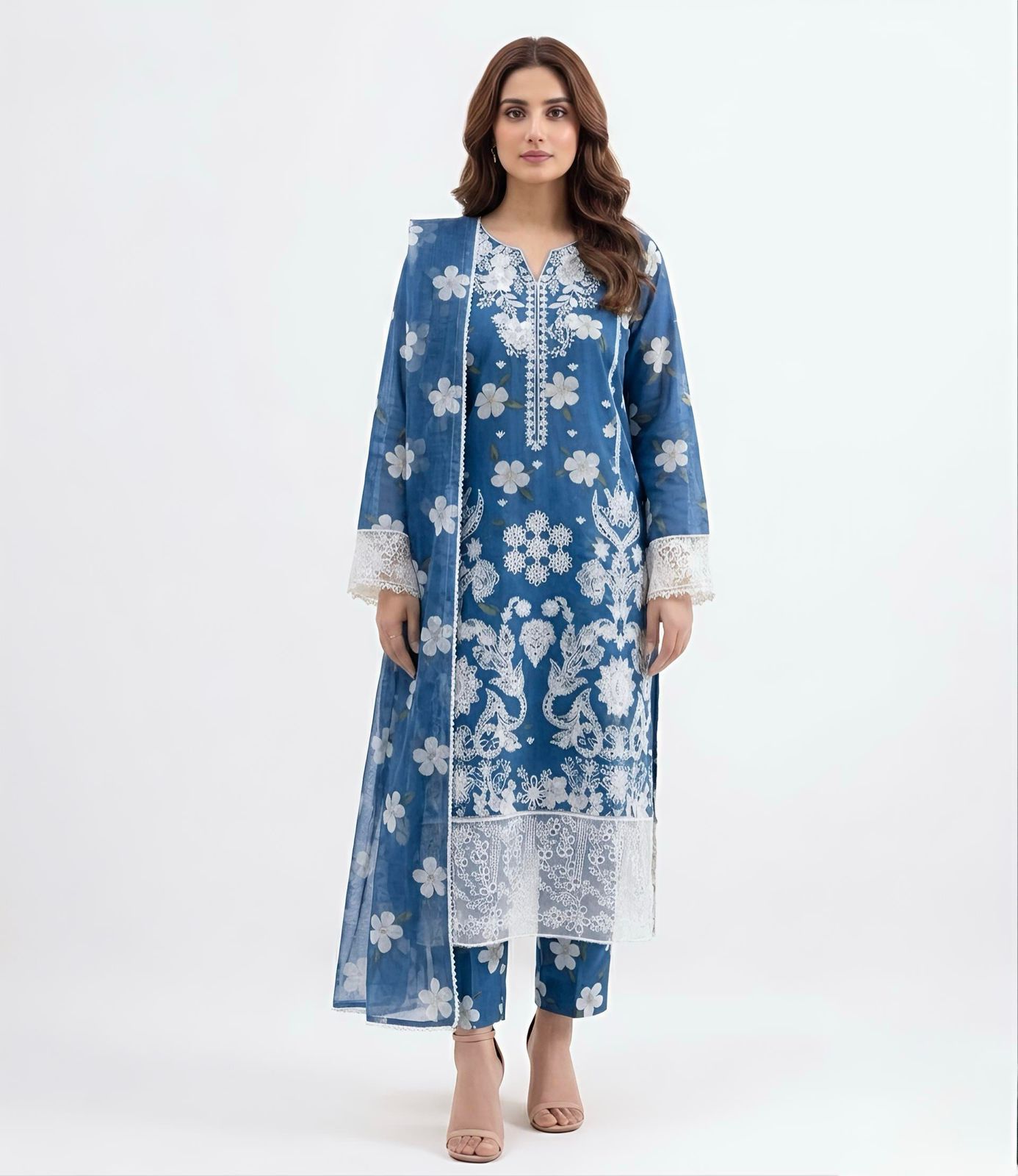 3 PC Stitched Ocean Blossom Embroidered Lawn Suit blue & gray